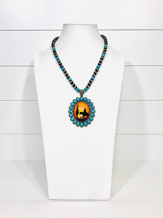 Cowboy Sunset Turquoise Silver Pearl Necklace