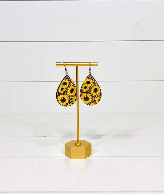 Sunflower Leopard Teardrop Wood Earrings